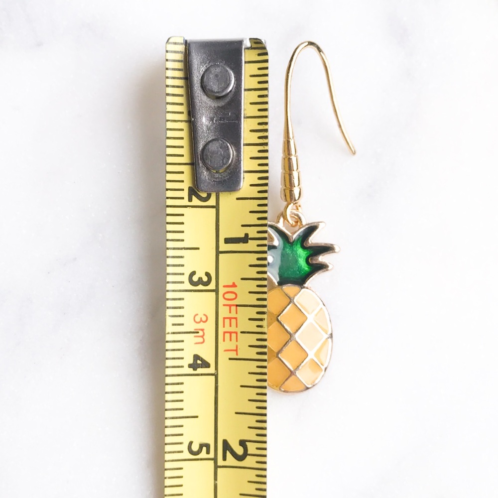 Pineapple Enamel Earrings Dangle Drop Gold Green - Picture 6 of 7